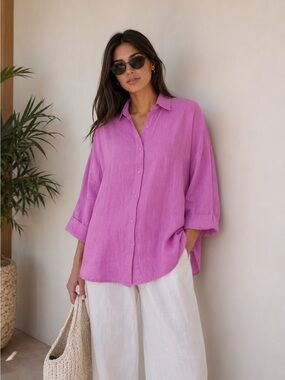NWOT| Women’s 100% Linen Pink Button-Down Shirt